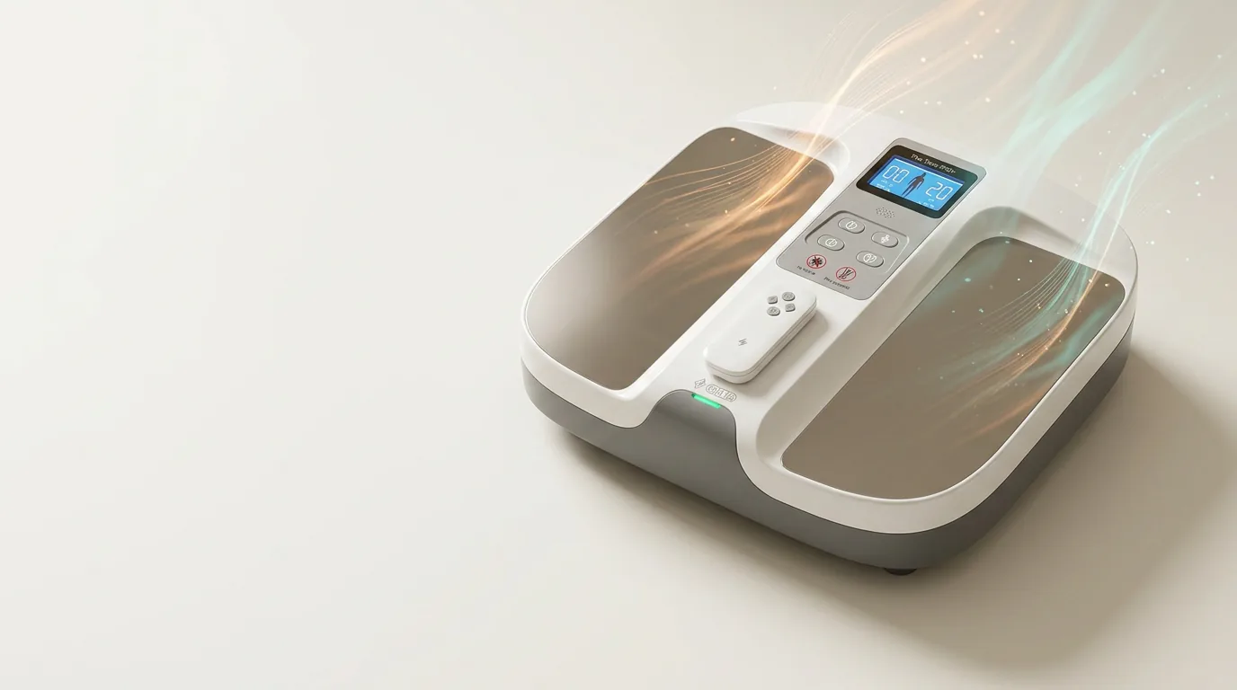 The OlyLife THz Tera-P90+ terahertz and PEMF wellness device, showing its twin mirrored footplates, centre LCD control panel and docked remote, surrounded by a soft field of amber and teal light