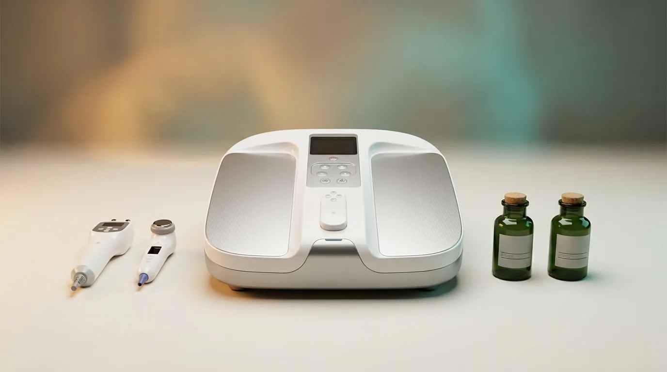The OlyLife system: the Tera P90 base unit with two handheld wands and supporting products
